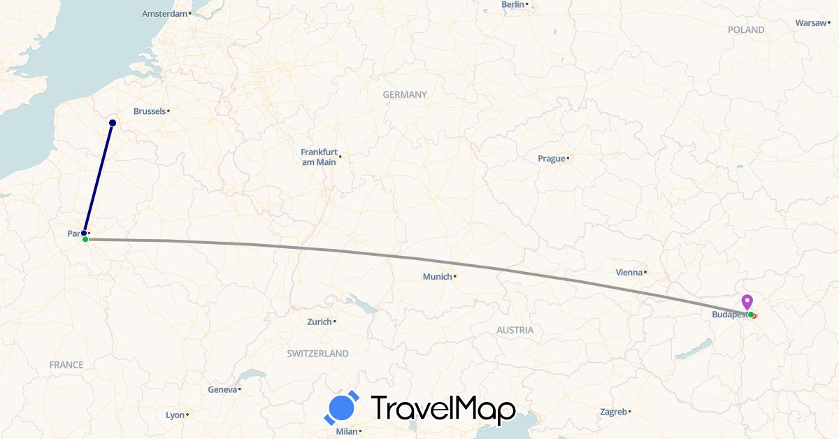 TravelMap itinerary: driving, bus, plane, train, hiking in France, Hungary (Europe)